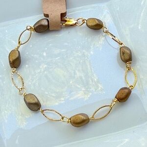 Handcrafted Coppery Beads & Oval Golden Textured Links Chain Bracelet